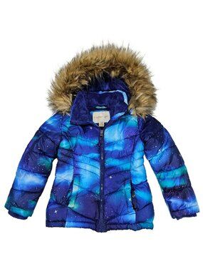 Madden Girl Winter Puffer Jacket Faux Fur Hood Girls Size 6/6X Blue Galaxy Print